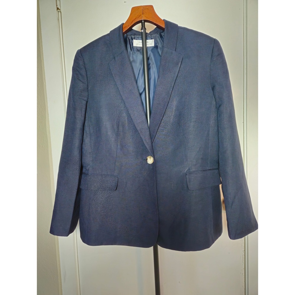 Tahari Blazer Women 16 Navy Blue Linen Blend Professional Office Capsule Classic